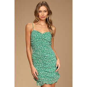 Lulus Walk The Walk Green Floral Print Ruched Bodycon Mini Dress - Size M
